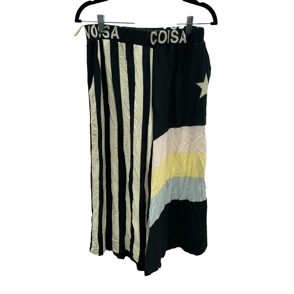 Farm Rio Coisa Nossa Size S? Black Striped Star Print Wide Crop Leg Pants Artsy